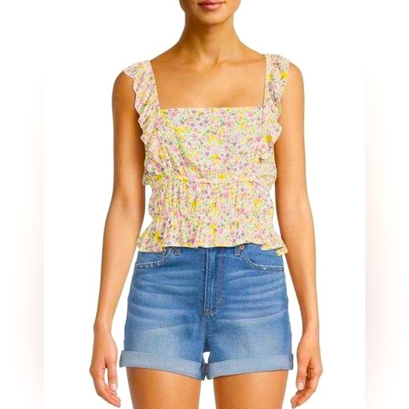 Derek Heart Tops - ❤️❤️ Derek Heart  Pinafore Floral Print Ruffled Tiered Peplum Top in Pink/Multi